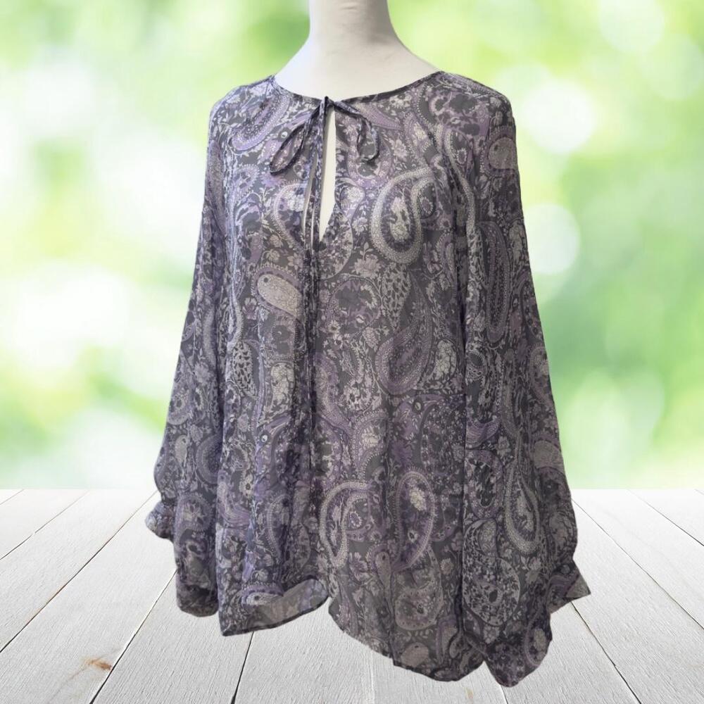 NILI LOTAN Silk Blouse Purple Paisley Sheer Balloon Sleeve Top Womens M Made USA - Picture 12 of 12